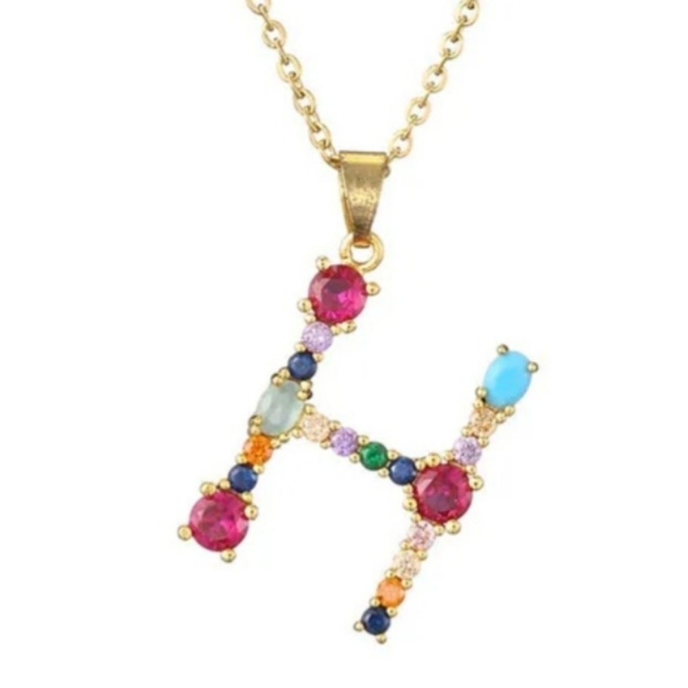 H Initial Pendant Necklace Multicolor Rhinestones Gold Tone Chain